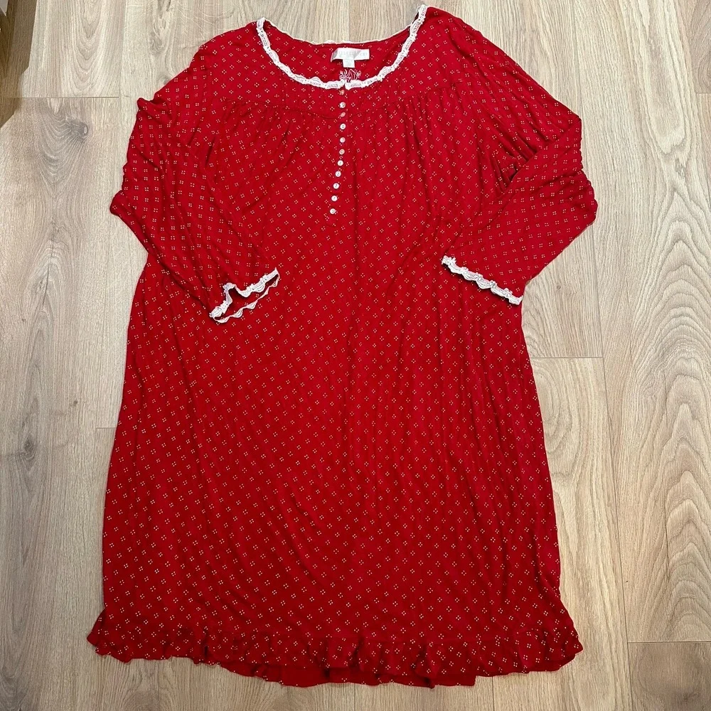 EILEEN WEST 100% MODAL‎ KNIT GOWN LONG SLV Red Lace Cottagecore Trad Wife Sz 3X